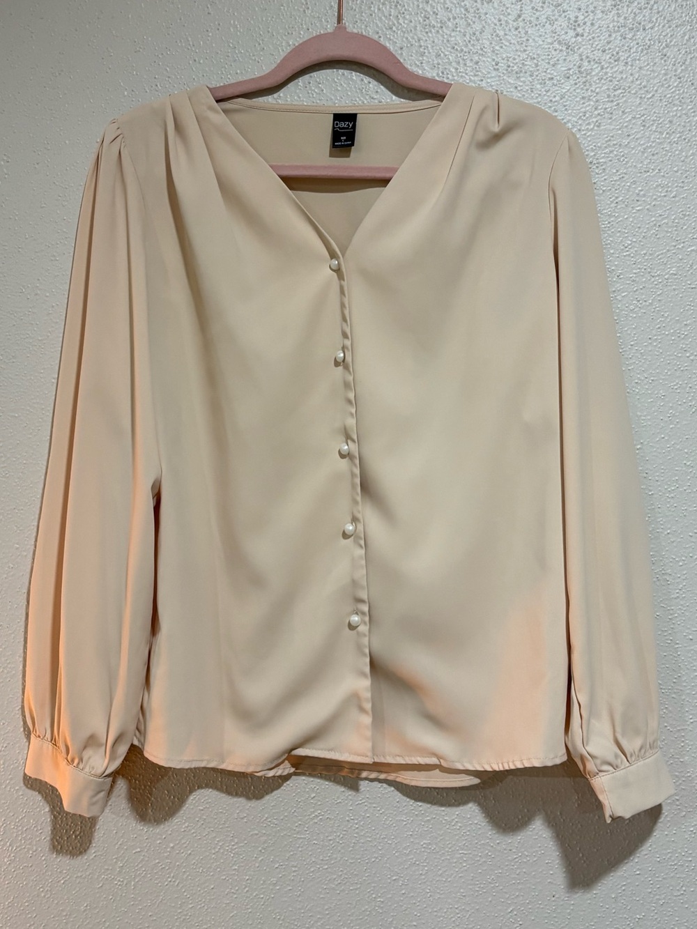 Dazy Pearl-Button Cream Long-Sleeve Blouse
